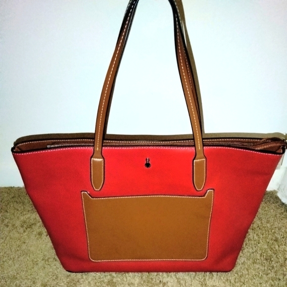 London Fog Handbags - London Fog (Large) Orange & Brown Colorblock Leather Double Strap Zip Tote Bag